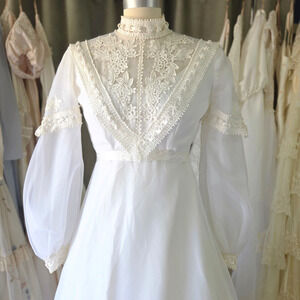 Vintage 70s Wedding Dress Size XS S Ivory Chiffon Bishop Sleeve Lace Ribbons
